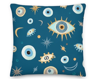 Greek Evil Eye Pillow, Boho Decorative Throw Pillow , Boho Home Decor, Accent Cushion, Housewarming Gift - Indoor, Outdoor