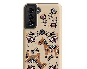 Swedish Dala Horse Tough Phone case - Scandinavian Folk Art Phone Case, iPhone 15- iPhone 14 - iPhone 13, iPhone 12 - Samsung Phone Case