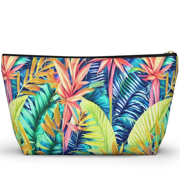 Hawaiian Tropical Leaves Print Accessory Zipper Pouch, Boho Pencil Bag, Tropical Colors Travel Case - Small, Large