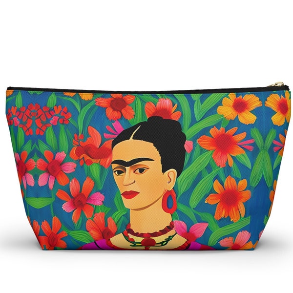 Mexican Icon Frida Khalo Accessory Zipper Pouch, Frida Khalo Gift Pencil Bag, Boho Travel Case - Small, Large