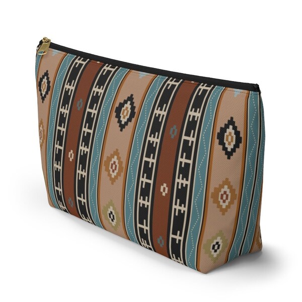 Southwestern Print Accessory Zipper Pouch, Boho Pencil Bag, Striped Ethnic Travel Case - Small, Large