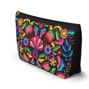 Mexican Otomi Print Accessory Zipper Pouch, Otomi Pencil Bag, Black Boho Travel Case - Small, Large