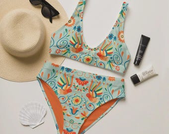 Mexican Otomi Recycled High-Waisted Bikini Set, Boho Two Piece Swimsuit - Women