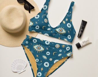 Greek Evil Eye Recycled high-waisted bikini - Boho Two Piece Swimsuit - Women