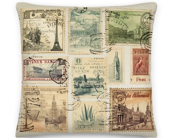 Coussin vintage Travel Stamps, décoration bohème, coussin décoratif, cadeau de pendaison de crémaillère - intérieur, extérieur