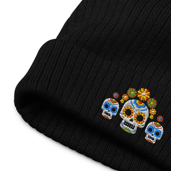 Mexican Day of the Dead Embroidered Beanie, Halloween Unique Design Gifts,  Sugar Skull Hat Men, Women