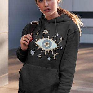 Greek Evil Eye Hoodie, Evil Eye Gift, Boho Eye Sweater, All Seeing Eye Pullover, Graphic Hoodie, Women&#39;s Hoodies, Mom Hoodie