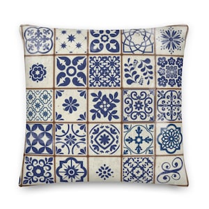 Portuguese Tile Pillow: Boho Azulejo Decorative Cushion