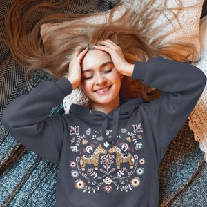 Swedish Dala Horse Hoodie: Scandinavian Folk Art, Hygge Style