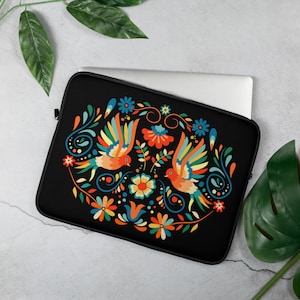 Mexican Otomi Print Laptop Sleeve, Otomi Laptop Case, Black Boho Macbook Air Case, Home Office Laptop Bag- 13, 15 inches