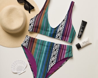 Bikini de cintura alta reciclado azteca mexicano - Traje de baño boho de dos piezas - Mujer