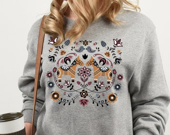 Swedish Dala Horse Fleece Sweatshirt: Scandinavian Folk Art Pullover