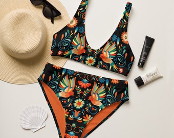 Mexican Otomi Recycled High-Waisted Bikini Set, Boho Two Piece Swimsuit - Women