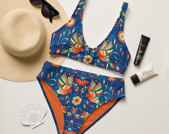 Mexican Otomi Recycled High-Waisted Bikini Set, Boho Two Piece Swimsuit - Women