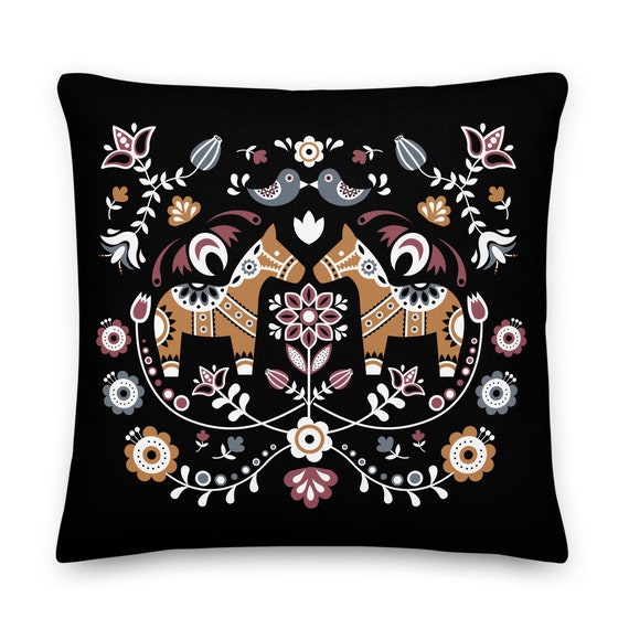 Swedish Dala Horse Throw Pillow: Scandinavian Folk Art Decor