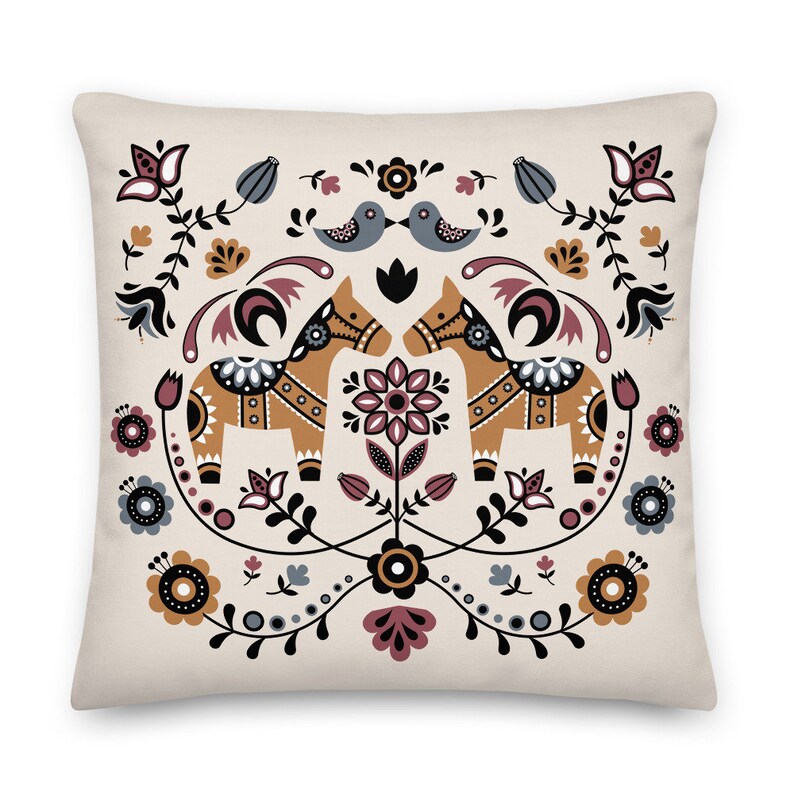 Swedish Dala Horse Throw Pillow, Scandinavian Hygge Pillow, Nordic Decor, Decorative Pillow, Housewarming Gift- Fall Decor, Indoor, Outdoor