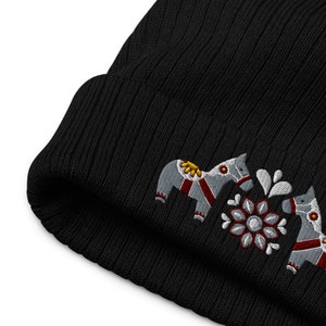Swedish Dala Horse Embroidered Beanie, Scandinavian Folk Art Hat, Hygge Gift, Nordic Winter Hat, Christmas Holiday Gift