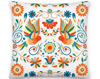Mexican Otomi Throw Pillow: Folk Art Bird Design, Boho Decor