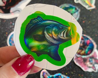 Largemouth Bass sticker, holographic fish art, decal Bass & Trout metallic Bass Fish Stickers Waterproof Tackle Box bassmaster Anglers gift