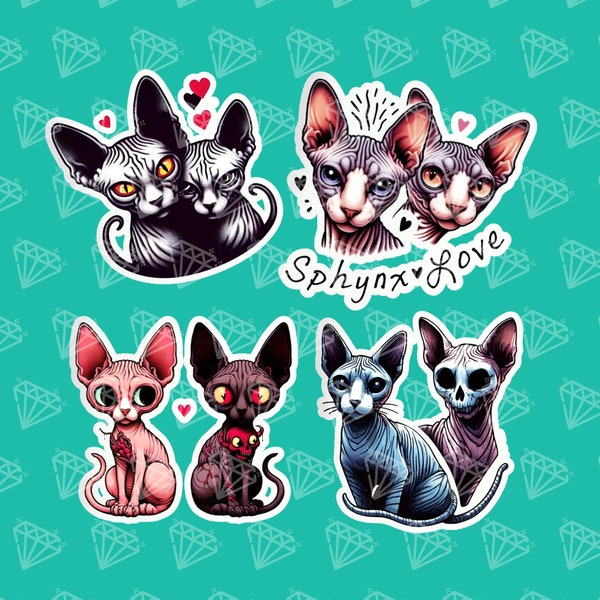 Creepy Cute Sphynx Cat Stickers - Watercolor Horror Kittens - Original Art - Naked Cat art, Hairless Kitten, drinks laptops journal sticker