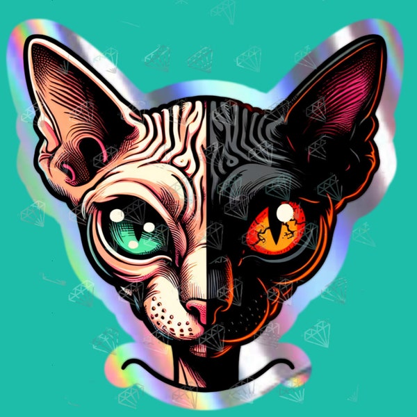 Creepy Cute Sphynx Love Cat Stickers - Holographic sparkle Horror Kittens - rainbow Naked Cat art, Hairless Kitten, Sweet journal sticker