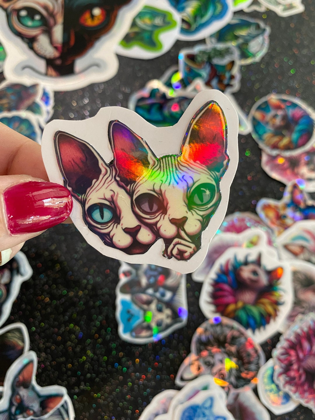 Creepy Cute Sphynx Love Cat Stickers Holographic Sparkle Horror Kittens Rainbow Naked Cat Art