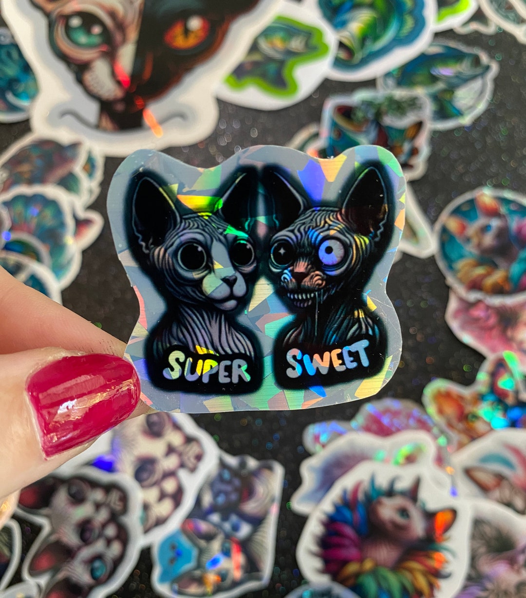 Creepy Cute Sphynx Love Cat Stickers Holographic Horror Kittens Rainbow Naked Cat Art Hairless