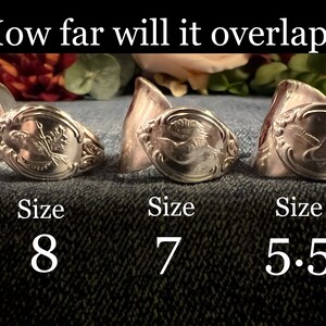 May include: Three silver spoon rings with a bird design. The rings are labeled with sizes 8, 7, and 5.5.