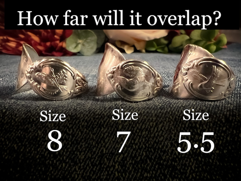 May include: Three silver spoon rings with a bird design. The rings are labeled with sizes 8, 7, and 5.5.