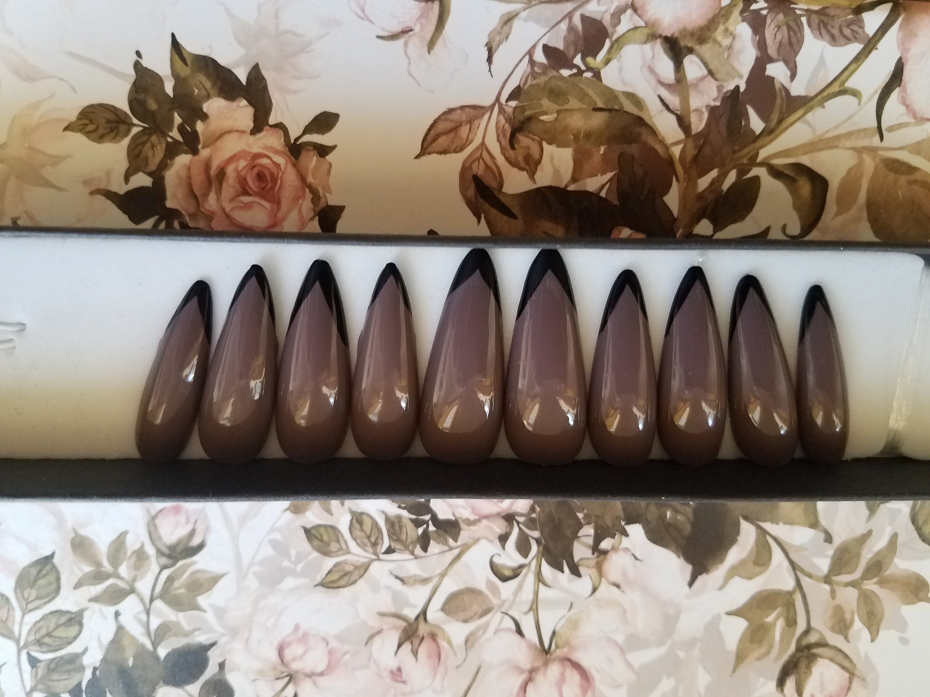 Custom Taupe Almond Shaped Nails with Black Tip Set of 20 | Etsy