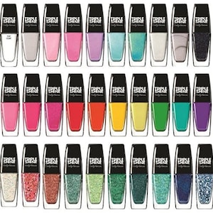 May include: Thirty nail polish bottles with black caps and the words "Triple Shine" on the front. The bottles are arranged in three rows of ten. The colors of the nail polish include white, gray, pink, light purple, light blue, teal, silver, black, red, orange, yellow, green, turquoise, purple, white glitter, pink glitter, brown glitter, green glitter, light green glitter, teal glitter, blue glitter, and dark blue glitter.
