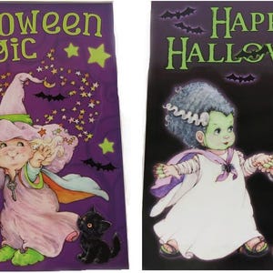 May include: Two rectangular decorative garden flags. The left flag is purple with the text "Halloween magic," a witch, a pumpkin, and black cats. The right flag is black with the text "HAPPY HALLOWEEN," bats, and two figures resembling Frankenstein's monster.