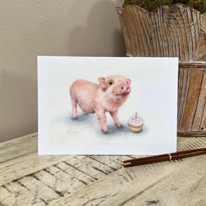 Pig Birthday Card - Watercolor Greeting Card, Cupcake, Birthday Candle, Cute Pig Print, Farm, Whimsical Illustration, Animal Lover Gift