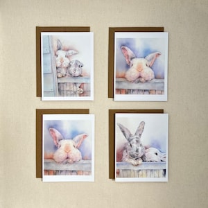 bunny watercolor cards set of 4, pastel Easter bunny cards, cute bunny notecards, whimsical rabbit illustration cards, cards for bunny lover