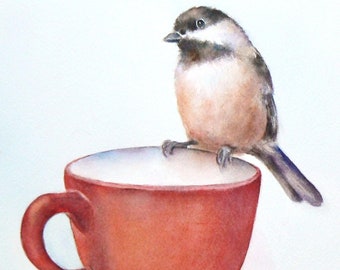 chickadee card, bird card, coffee cup card, all occasion cards, greeting cards, happy card, watercolor cards, art cards, wildlife cards