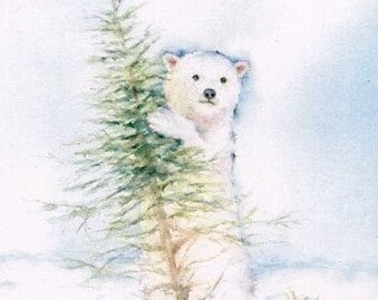 polar bear greeting card, bear cub card, bear art on card, polar bear watercolor card, bear greeting card, bear christmas card, holiday card