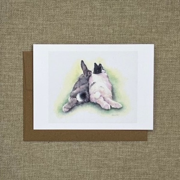 bunnies card, rabbit card, bunny watercolor art, bunny rabbit pair, bunny art on card, bunny greeting card, bunny love, cute card, bunnies