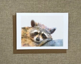 raccoon greeting card, raccoon watercolor art, raccoon card, raccoon art on card, raccoon art, woodland animals art, cute art, happy art