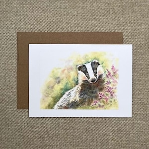 badger watercolor greeting card, badger in flower garden art, badger notecard, badger card for baby, whimsical woodland illustration art