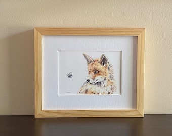 fox watercolor print, fox kit art, fox print, fox with butterfly, fox art print, woodland nursery art, fox prints wall art, cute animal art