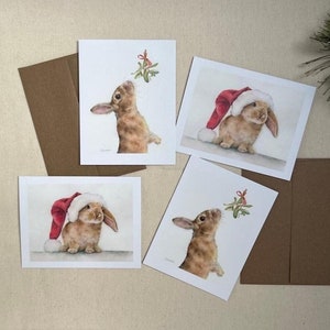 winter bunny rabbit card set, bunny christmas notecards, holiday animals watercolor card set, rabbit fine art holiday cards, set of 4 cards