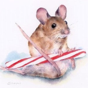 mouse christmas card, mouse greeting card, mouse art on card, mouse holiday card, mouse watercolor art, mouse with candy cane, mouse art