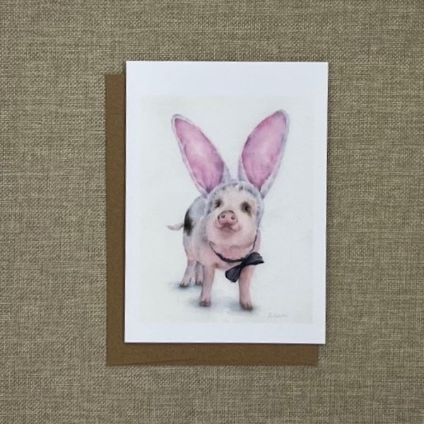 pig card, pig bunny ears, bunny ears pig card, easter pig, cute pig card, pig art on card, piglet card, pig bunny ears greeting card