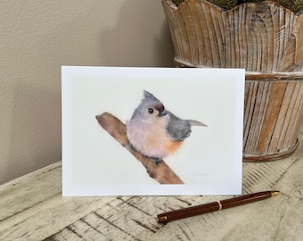Bird Greeting Card, Titmouse, bird art, watercolor bird print, Tufted Titmouse, whimsical illustration, bird lover gift, cottagecore art