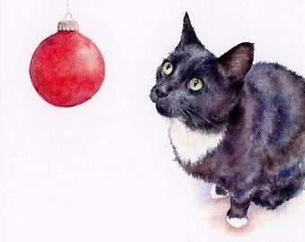 cat christmas card, cat greeting card, tuxedo cat art, cat watercolor, cat art on card, cat holiday greeting card, tuxedo cat card, cute art