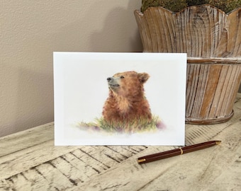 Bear Watercolor Greeting Card - Cute Brown Bear Cub Art Card, Woodland Animal Art, whimsical bear illustration, gift for animal lover