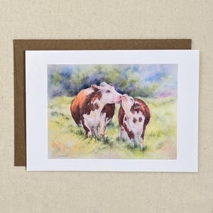 cow watercolor greeting card, cute cow art, hereford cows, farm animal cow card, whimsical cow and calf illustration card, cow card for baby