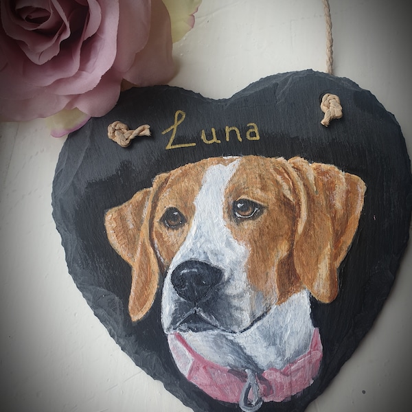 Handpainted pet portrait on heart slate sealed for indoor or outdoor, custom pet memorial, dog, cat, horse, pet painting