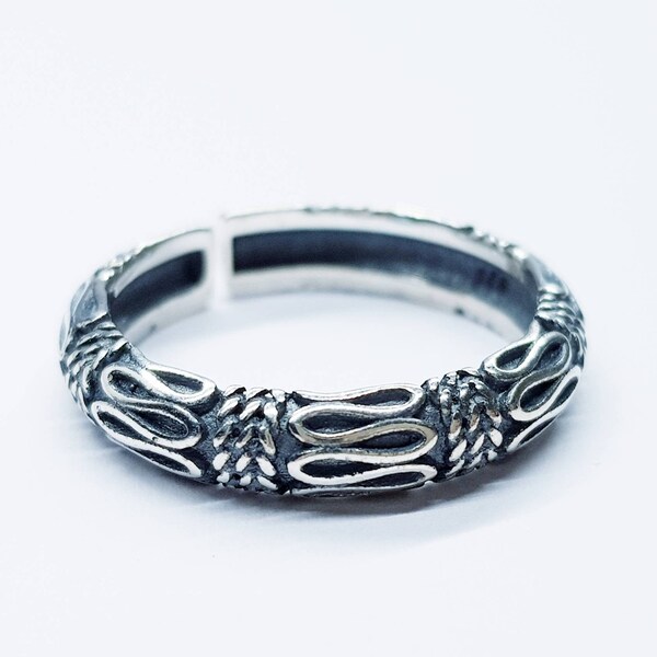 Stackable patterned Ring, Oxidised silver band, adjustable ring, Open Ring Band, Layering Ring