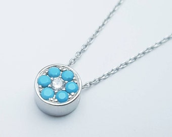 Dainty sterling silver floating turquoise necklace, small round blue stone pendant